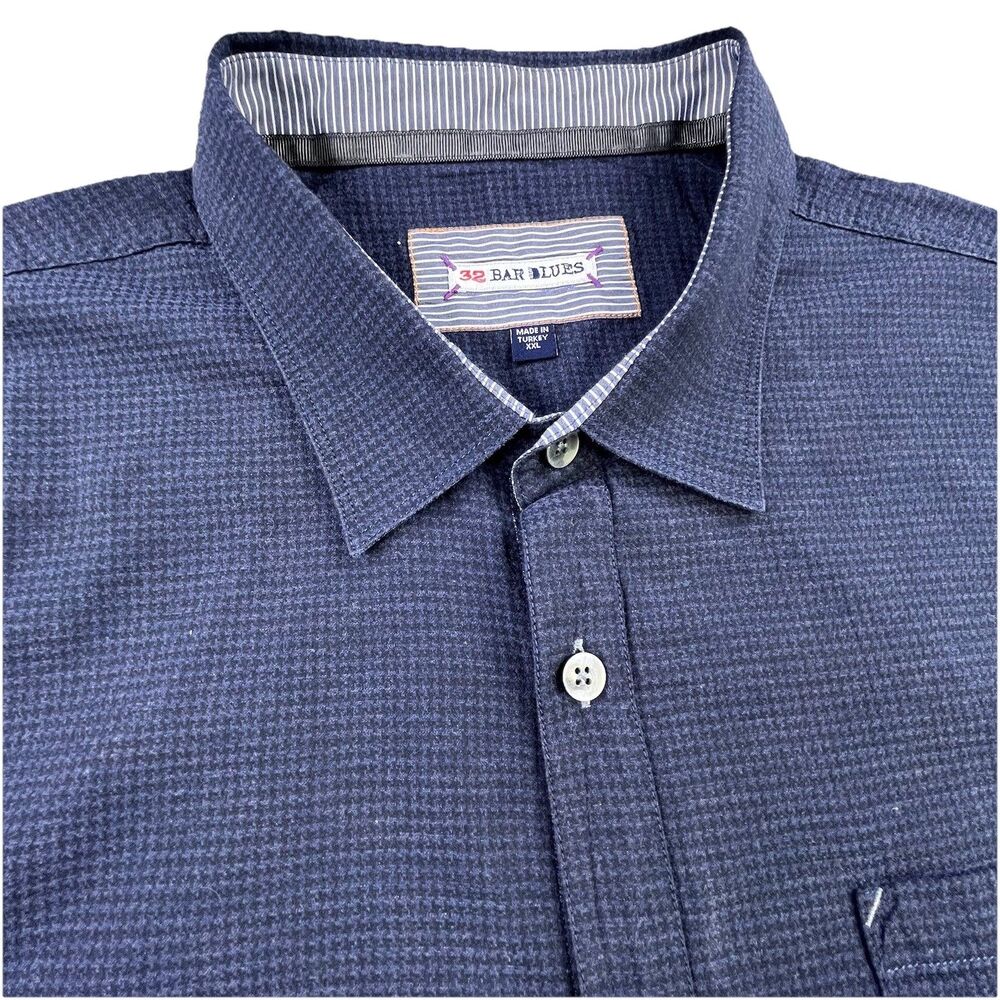 32 Bar Blues Shirt Men XXL Blue Houndstooth Long Sleeve Chest Pocket